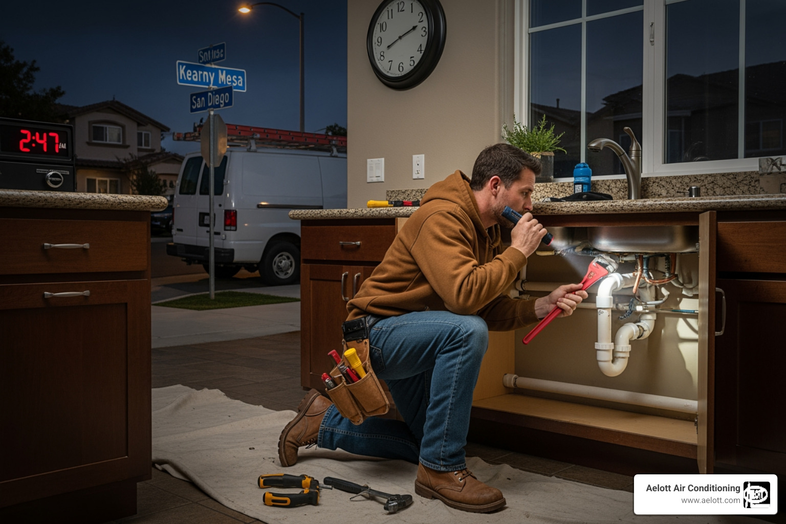 infographic showing the top 5 signs you need an emergency plumber immediately: water pooling around fixtures, sewage backup odors, no water supply throughout the home, visible pipe bursts or major leaks, and strong gas smell near water heater - 24 hour residential plumber in kearny mesa, ca