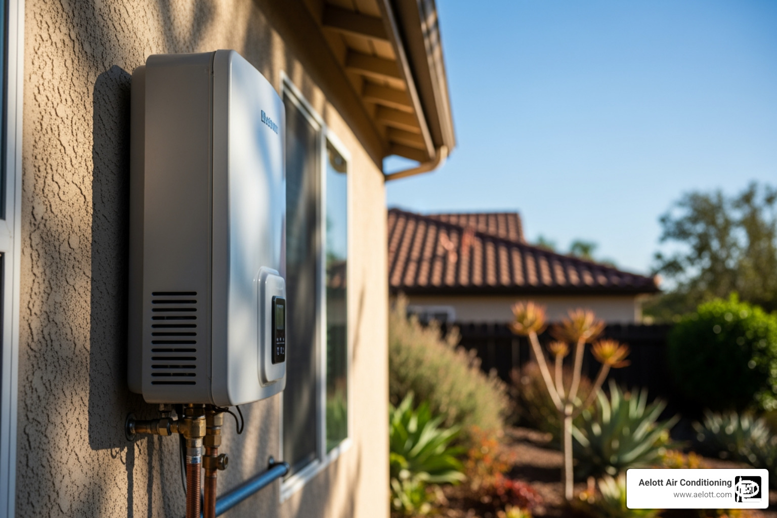 Infographic showing how tankless water heaters work: cold water enters the unit, flows through a heat exchanger that activates only when a hot water tap opens, and delivers continuous hot water on demand without a storage tank, resulting in energy savings and endless supply - tankless water heater poway ca