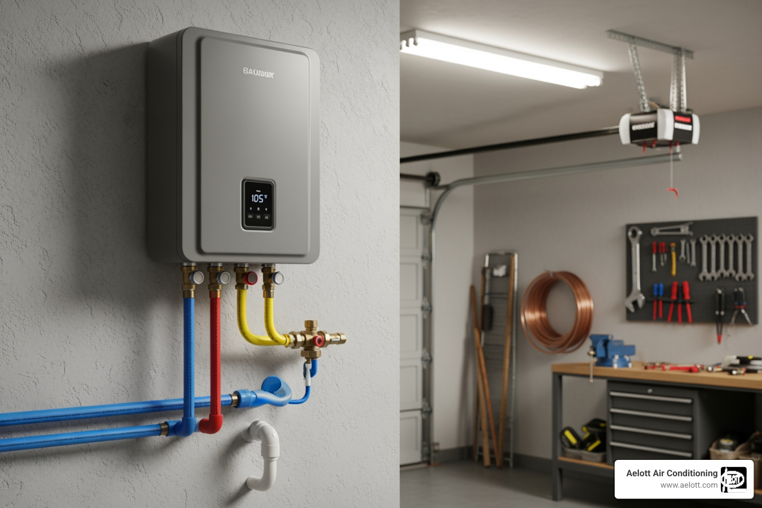 Infographic comparing tankless water heater on-demand heating system showing cold water entering unit, instant heating via gas burner or electric element, and continuous hot water output versus traditional tank system showing water storage, constant reheating cycle, standby heat loss, and limited supply until tank empties - tankless water heater escondido ca