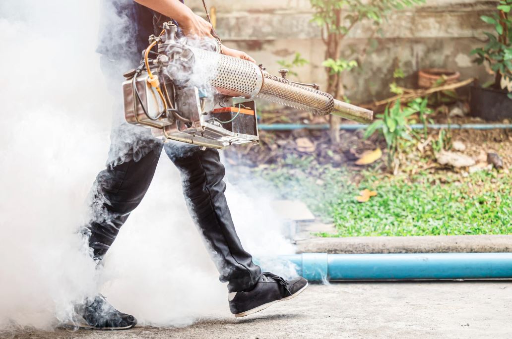 Person using a fogging machine for pest control.