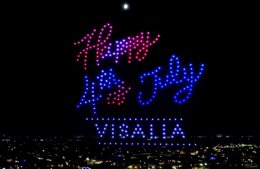 Happy 4th of July Visalia drone light show text formation