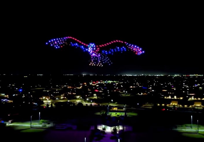 Bald eagle drone light show formation for a 4th of July city celebration