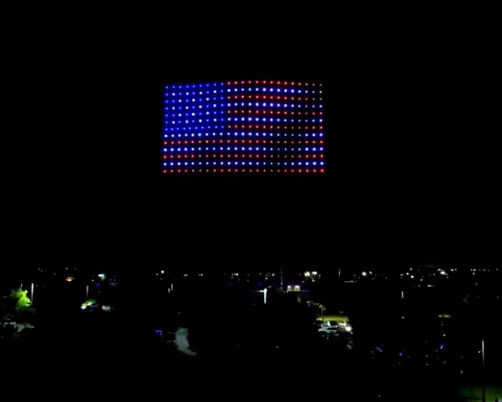 American flag drone light show formation over a Southern California city on the 4th of July