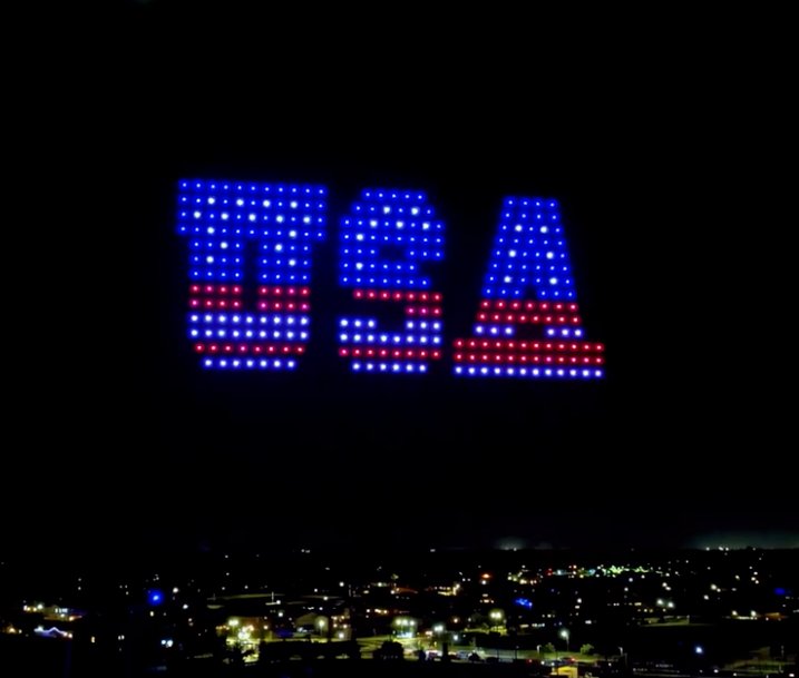 USA drone formation in red white and blue for a city Independence Day event