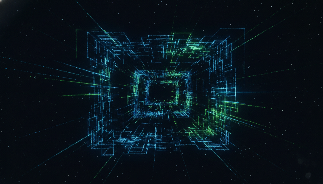 A futuristic drone light show at a tech event, illustrating an abstract concept like data security or blockchain with hundreds of interconnected, glowing blue and green drones forming a complex digital network in the night sky.