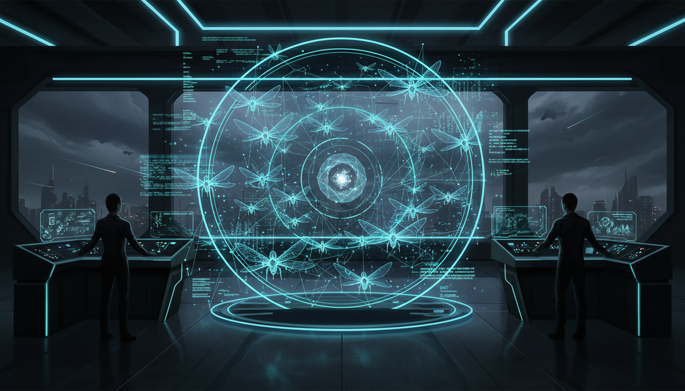 A futuristic holographic display showing complex swarm intelligence algorithms guiding multiple drones in intricate aerial patterns, representing the advanced robotics and software behind drone shows.