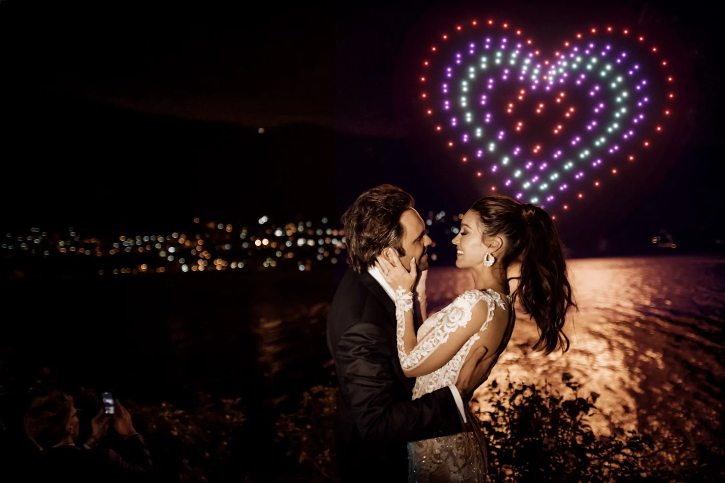 Drones flying over a vineyard at twilight, illuminating the vines with soft, artistic light, symbolizing the blend of technology and nature for winery entertainment.