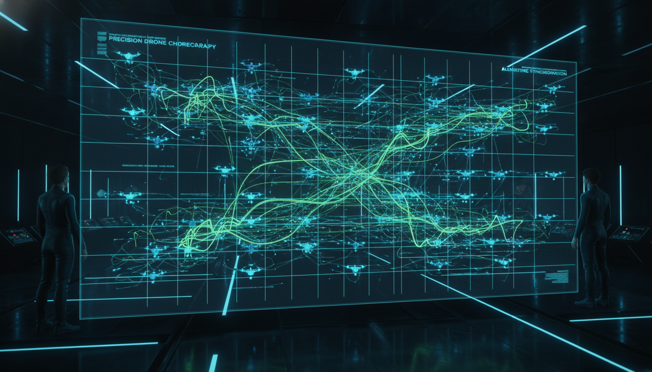 High-tech holographic interface visualizing the precision control of a drone show, with glowing data streams representing RTK GPS and advanced algorithms guiding hundreds of synchronized drones.