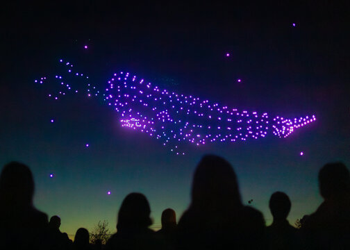 Thousands of drones forming complex patterns in the night sky, showcasing a large-scale aerial brand activation.