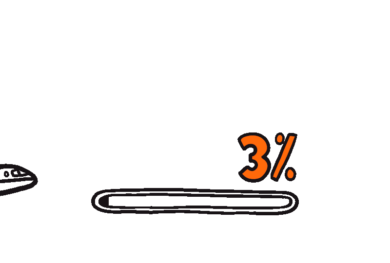 Black and orange GIF of an aeroplane taking off with a orange progress line below it beside the stat 100%