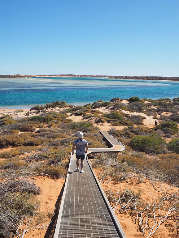 Man in shorts and hat walks along a metal boardwalk over sandy terrain with shrubs, towards a turquoise sea under a clear blue sky, conveying tranquility.
