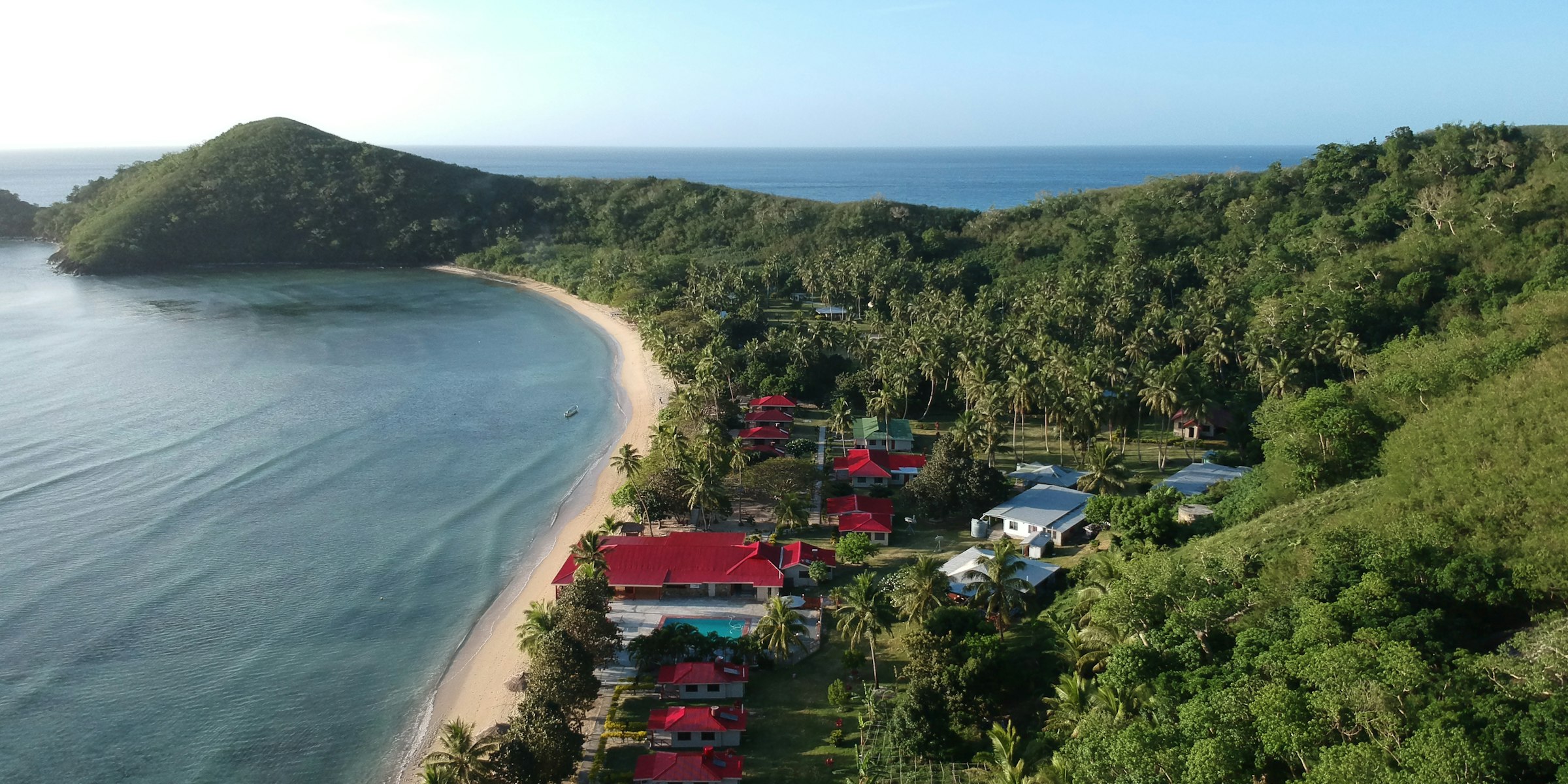 Aerial view of green trees beside the water in Fiji in daylight