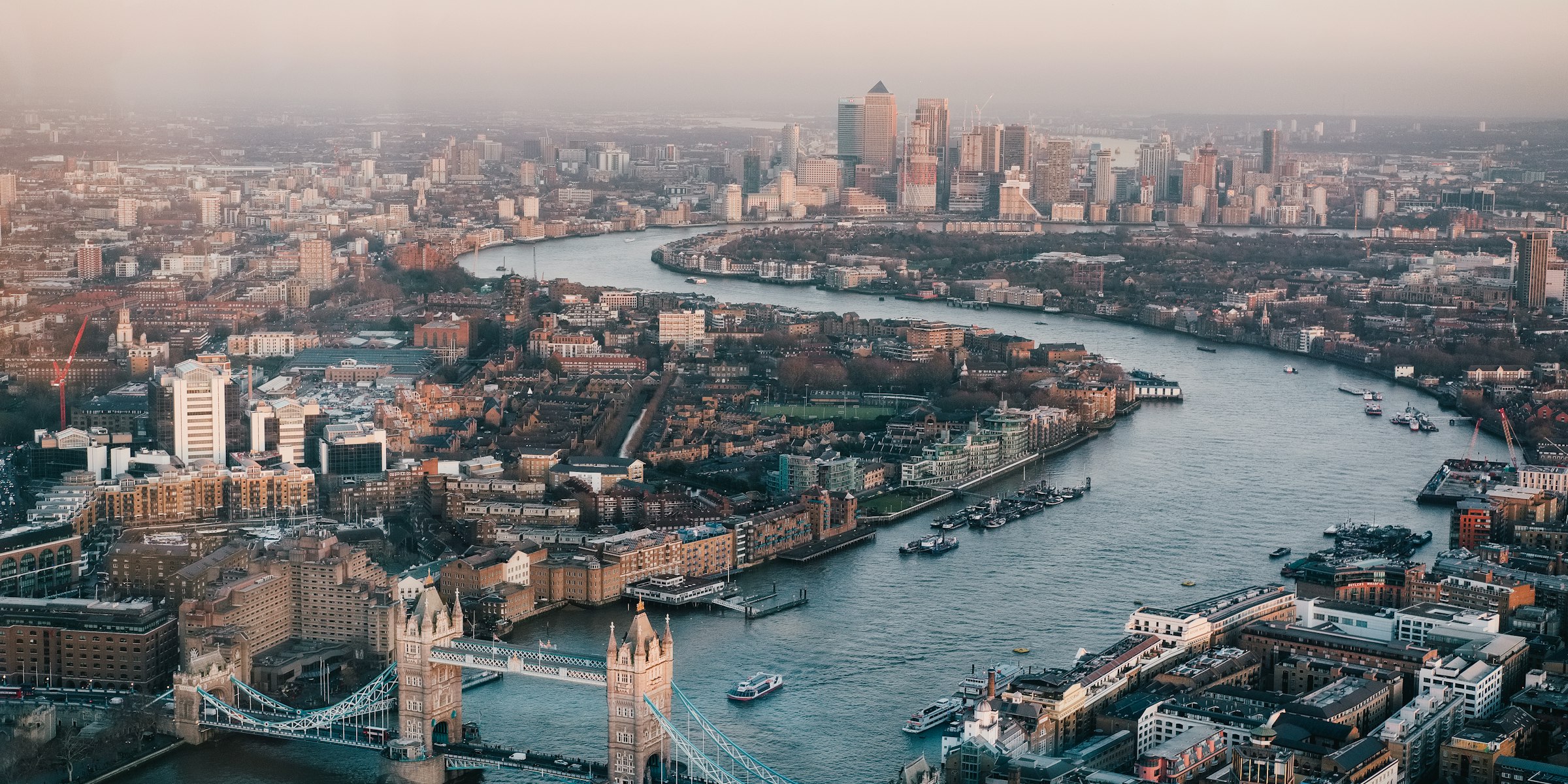 Aerial view of the River Thames and Tower Bridge in London