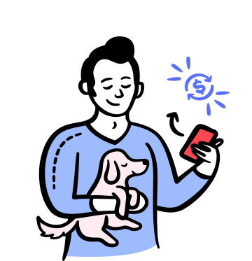 Cartoon man with a dog and phone