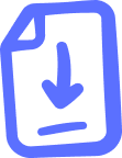 Blue download icon showing a paper with a downward arrow and a horizontal line below.