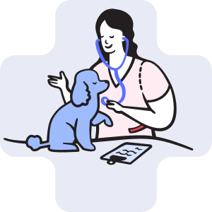Veterinarian using stethoscope to check a happy dog on a table with medical clipboard nearby.