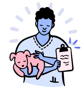 Veterinarian holding a calm dog and a clipboard with notes, surrounded by light rays.