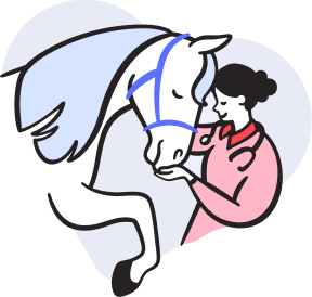 Woman gently holding the head of a white horse with a blue bridle against a blue background.