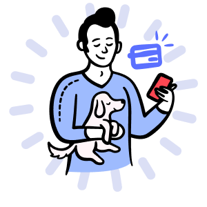 Person holding a dog with a credit card and a glowing wallet icon nearby.