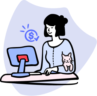Woman at desk with computer and cat on her arm, dollar sign with checkmark floating nearby.