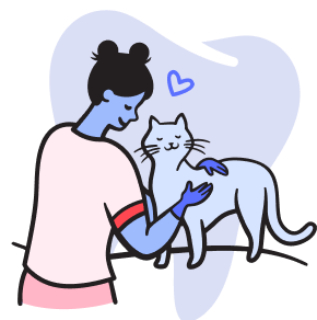 Person with blue skin and bun hairstyle petting a content gray cat with a heart above them.
