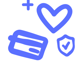 Blue line icons of credit card, heart, plus sign, and shield with check mark.