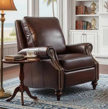 Dark brown leather recliner chair with nailhead trim