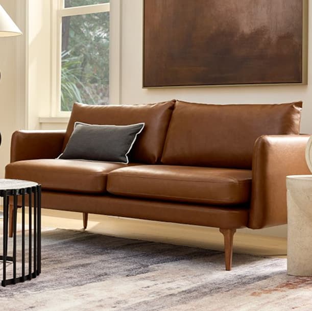 Brown leather sofa in a bright modern living room
