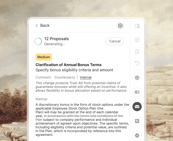 User interface showing 12 generated proposals with markups replacing personal data like names and addresses with placeholders, including options to add changes or dismiss.