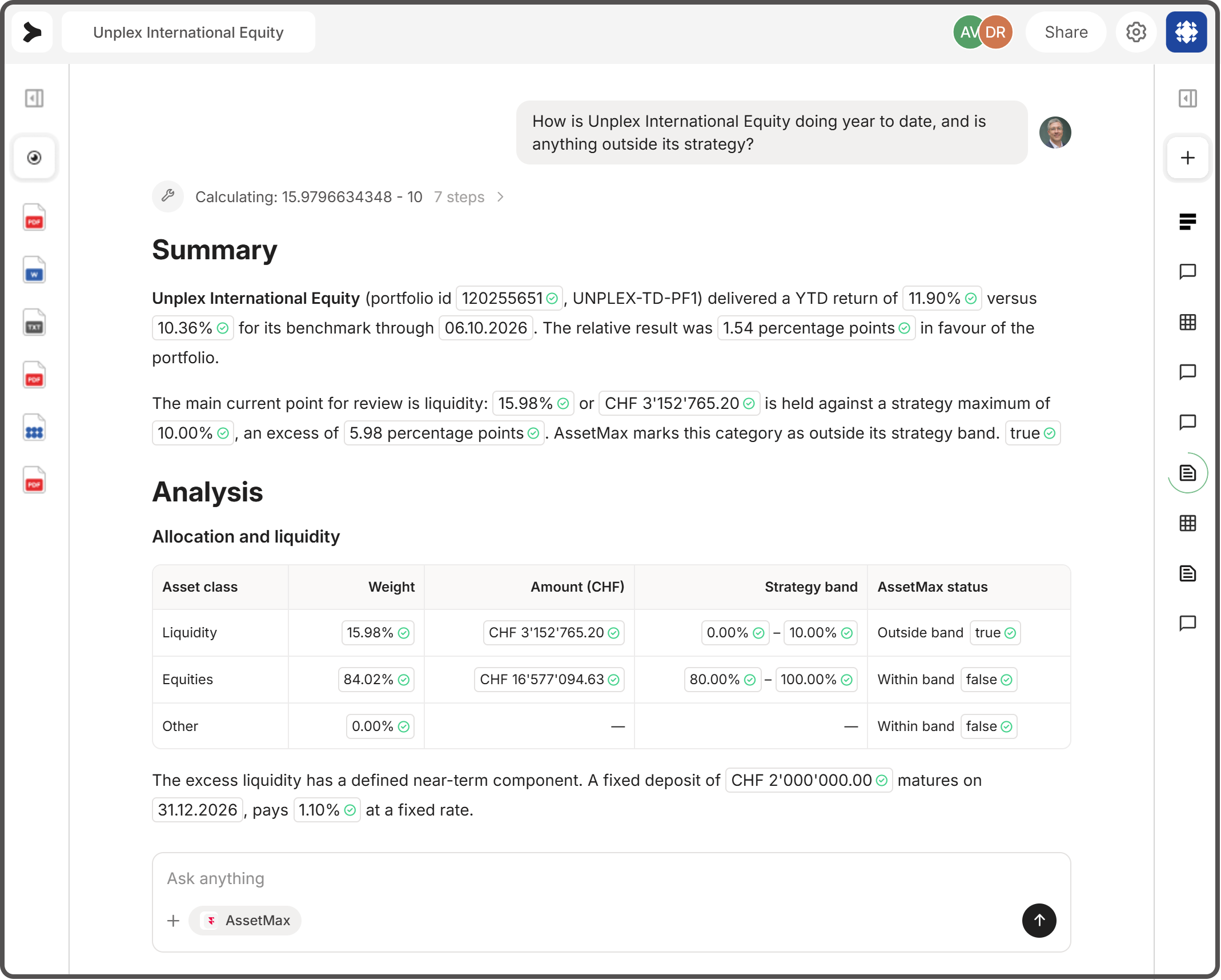 Chat interface displaying a request to list names of shareholders and the response listing Arin Thorne with company Vapourium Inc. and address 123 Elm Street, Mystica City.