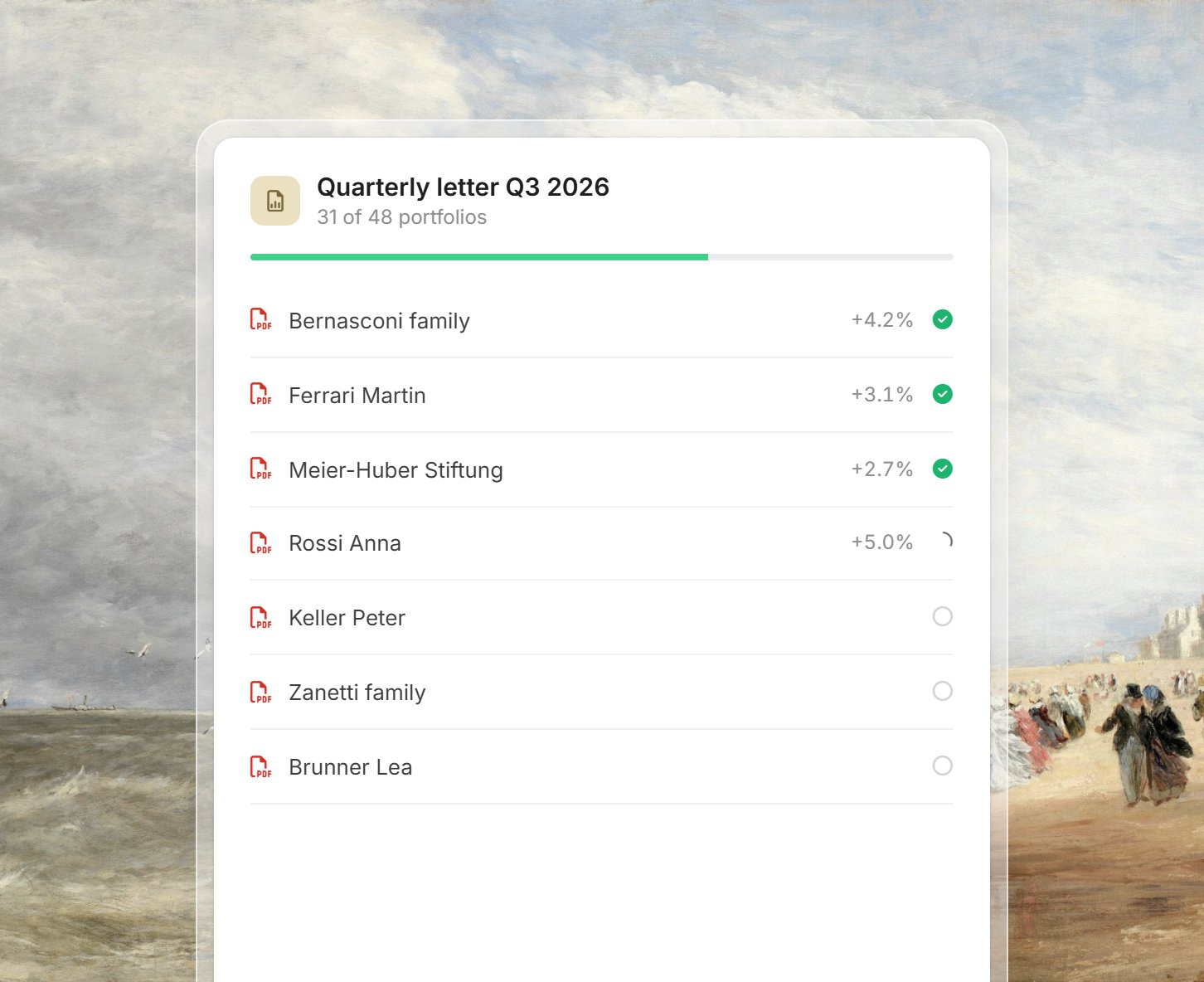 User interface showing 12 generated proposals with markups replacing personal data like names and addresses with placeholders, including options to add changes or dismiss.