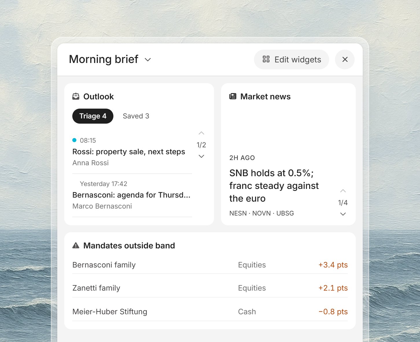 Search menu with toggles on for Perplexity, Commercial Registry, Fedlex, and Thomson Reuters; Google Drive Search and Sharepoint Search have connect links.