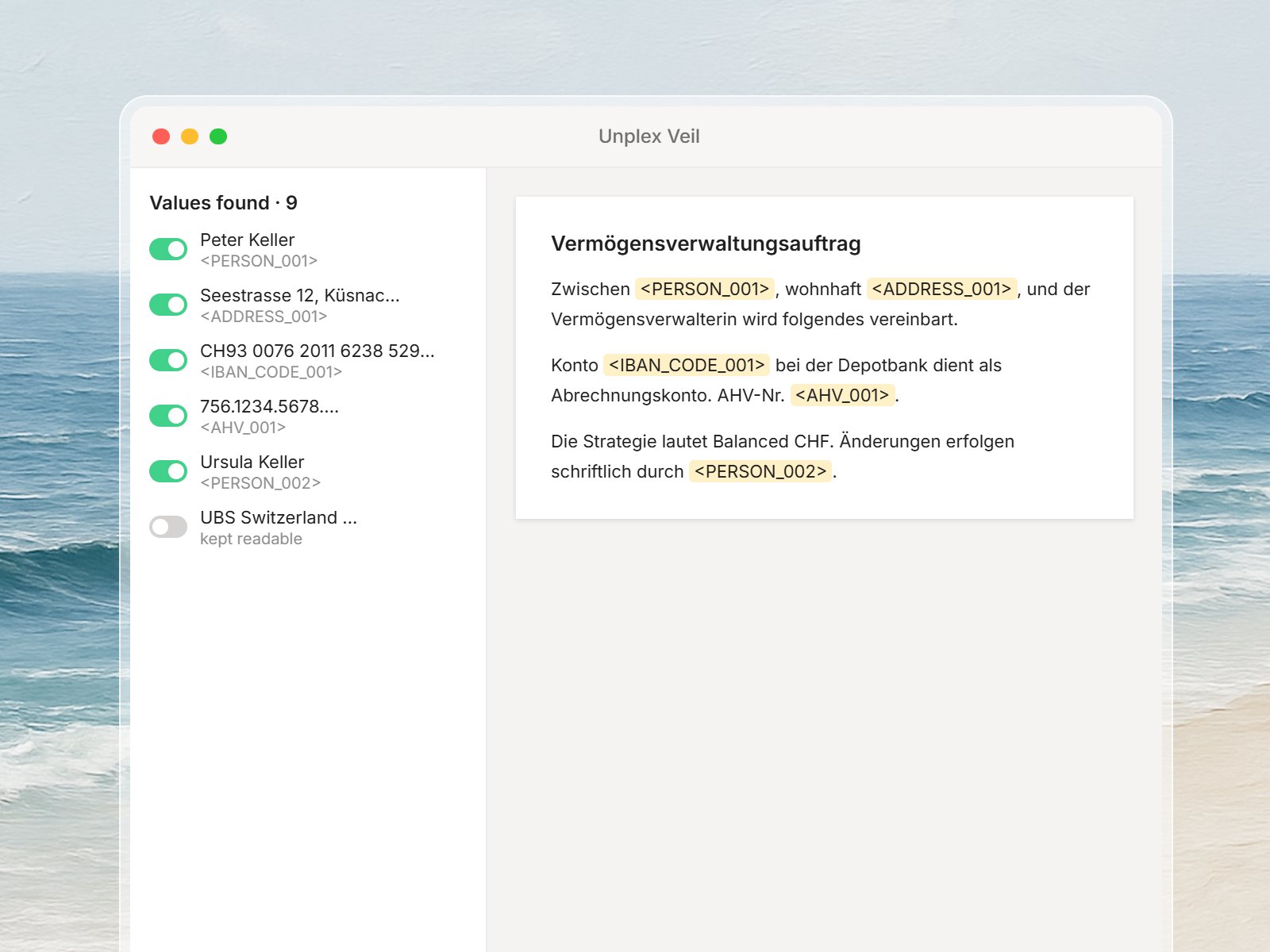 Unplex Veil desktop app pseudonymising client names locally before documents are used with AI