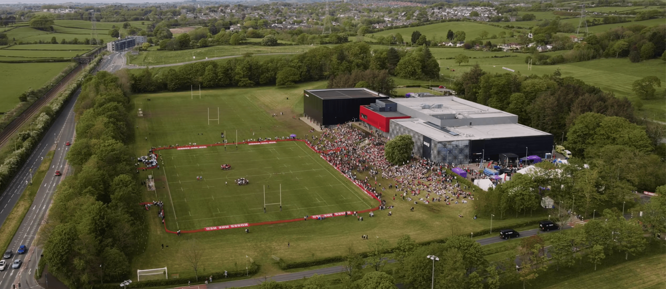 Lancaster University campus shown from overhead using drone footage.