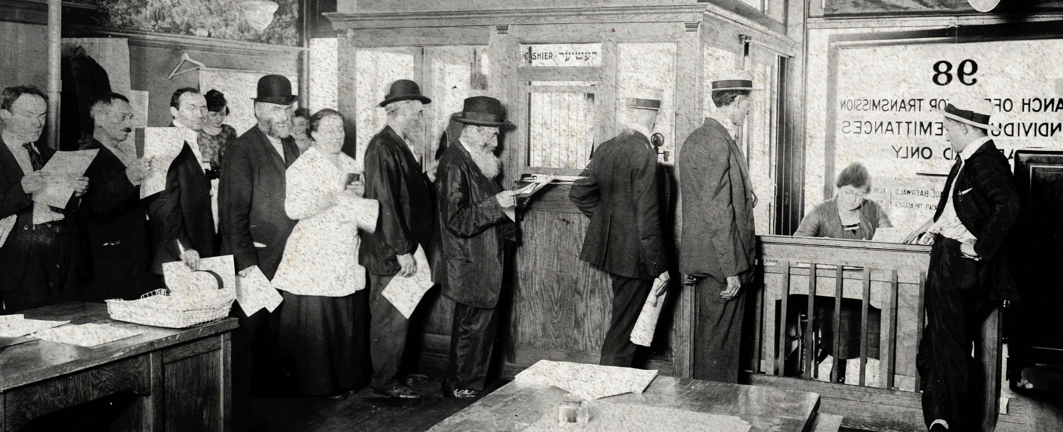 Historic archive photo of people at the bank, for Harbour brand video.
