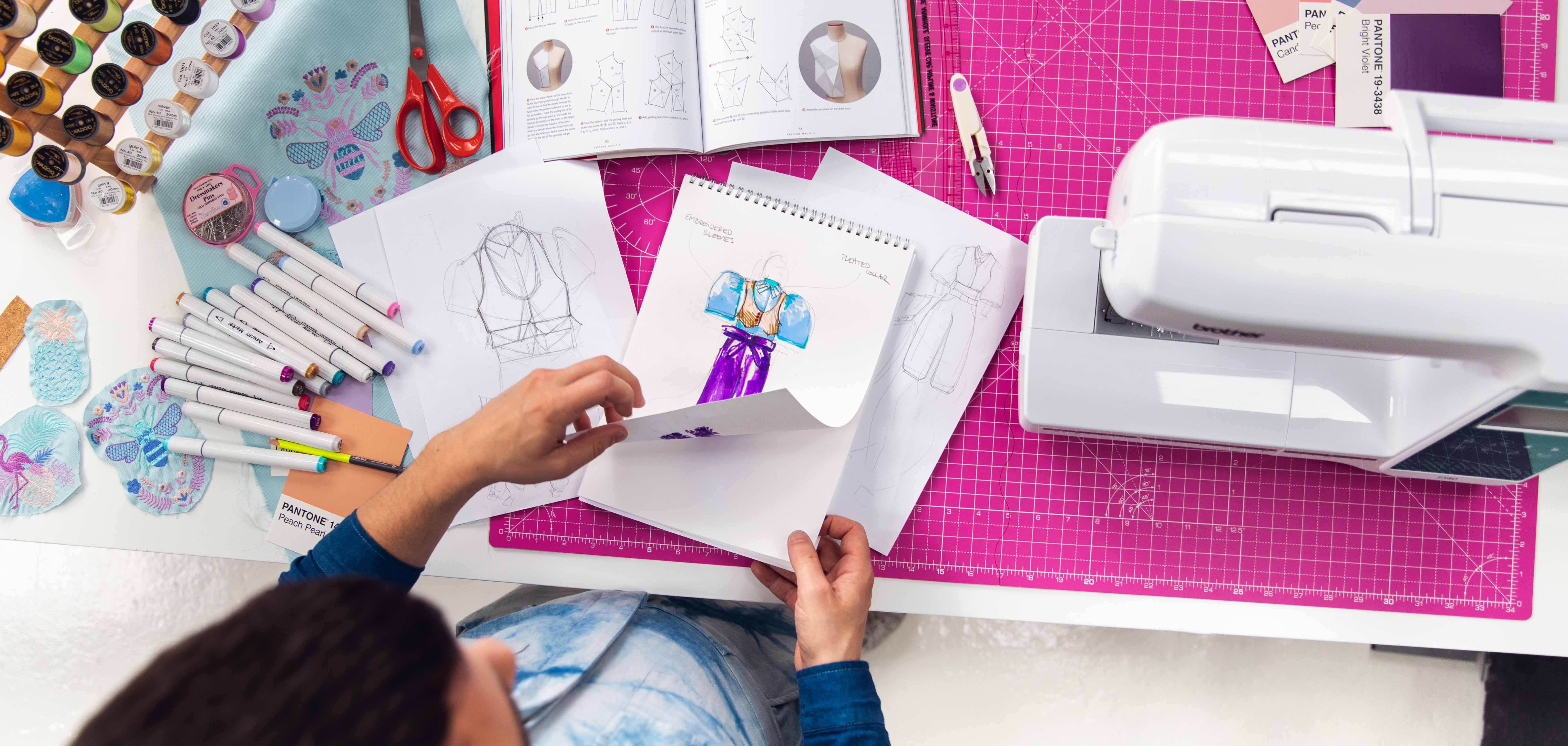 Still image from Brother Sewing shoot. Overhead shot showing colourful set design.