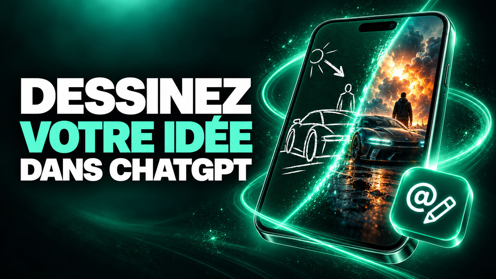 Croquis à main levée d'une voiture et d'un personnage sur smartphone, à côté de l'affiche générée par ChatGPT