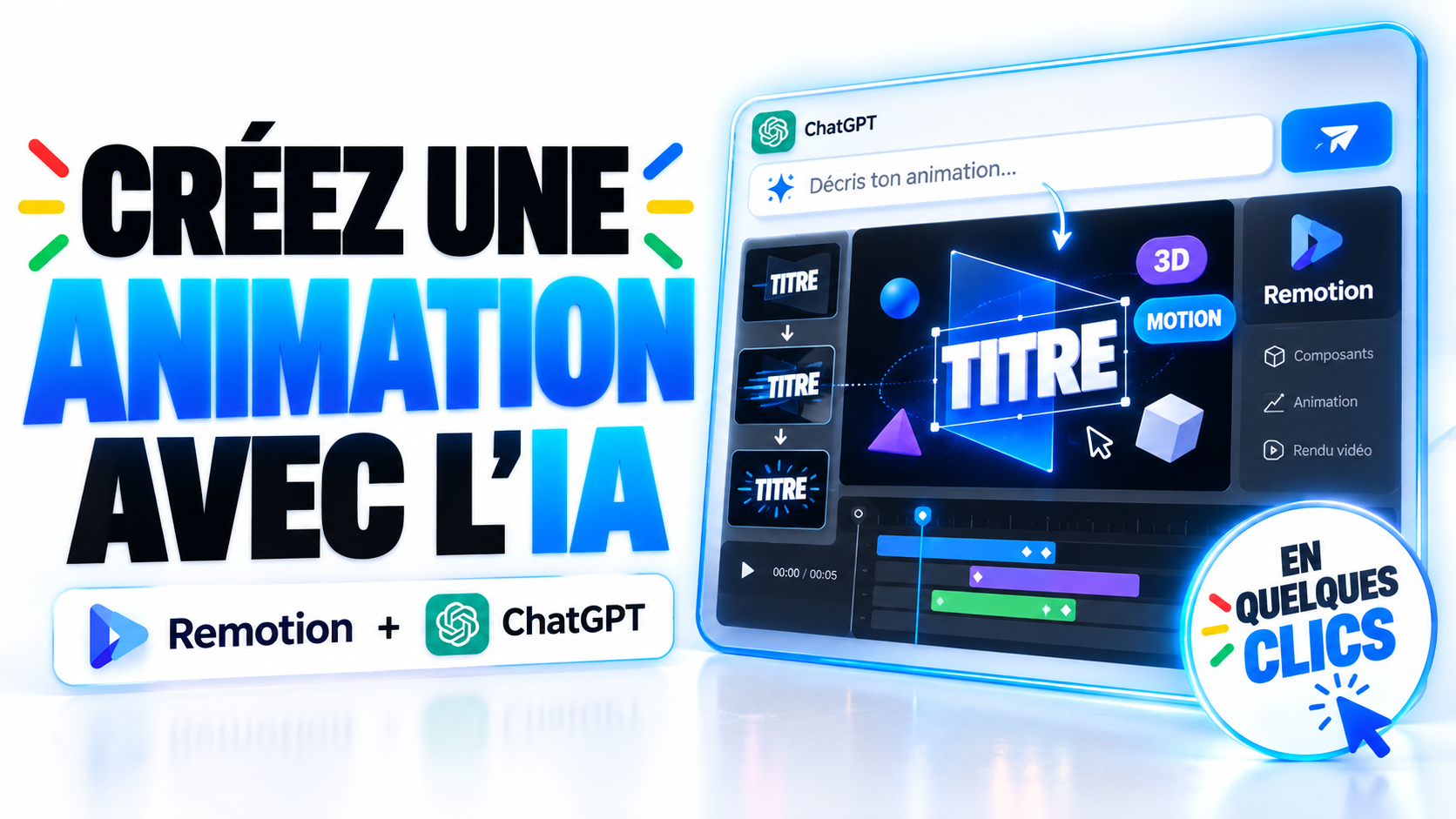 Titre animé et logo en mouvement sur un écran d'ordinateur, à côté d'une conversation ChatGPT ouverte