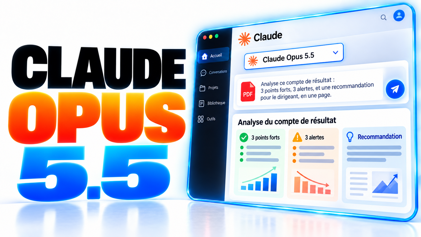 Interface de Claude avec le sélecteur de modèle ouvert sur Opus 5.5, prêt à analyser un compte de résultat en PDF