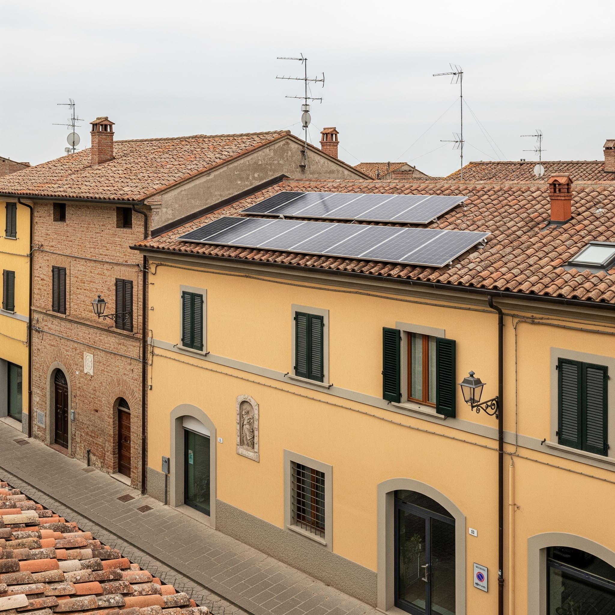 Un edificio ristrutturato con pannelli solari in Italia
