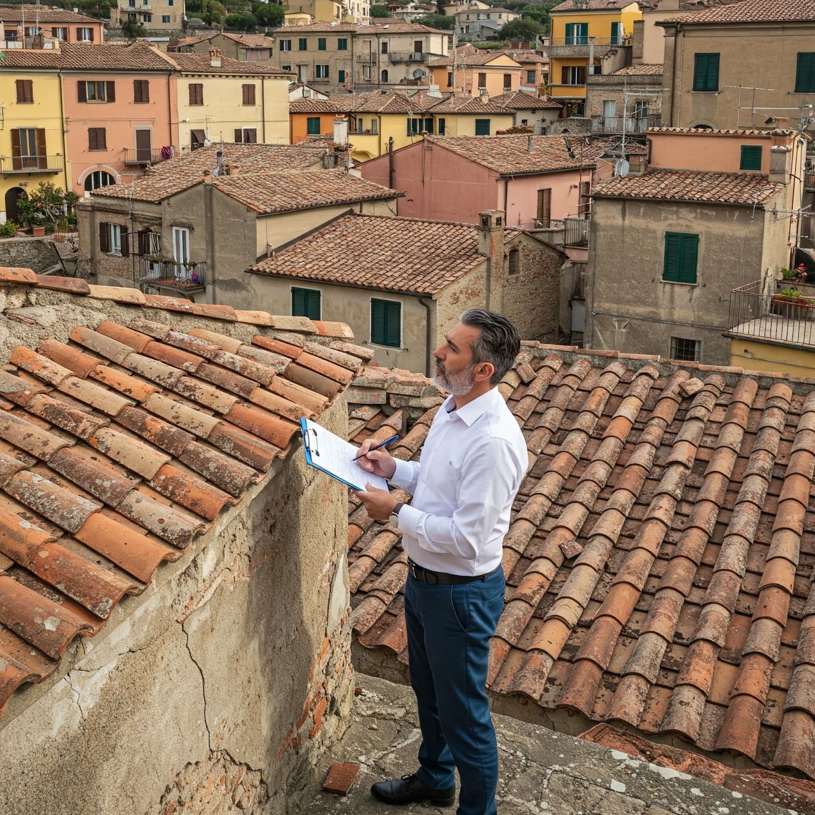 Un perito valuta il tetto di un edificio