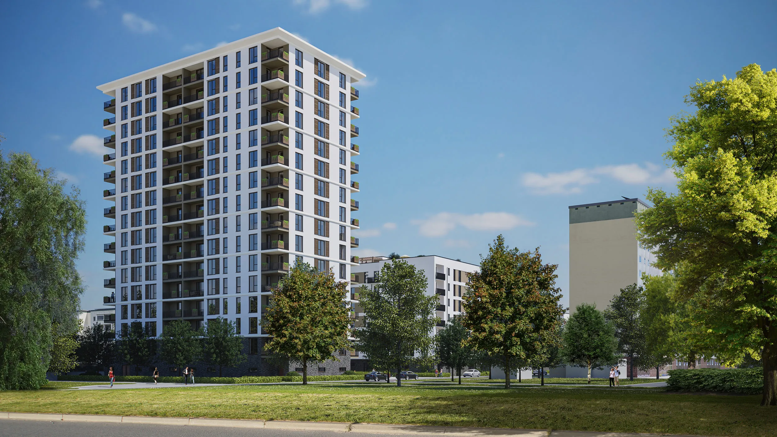 Architekturvisualisierung eines modernen mehrgeschossigen Wohngebäudes mit Balkonen
