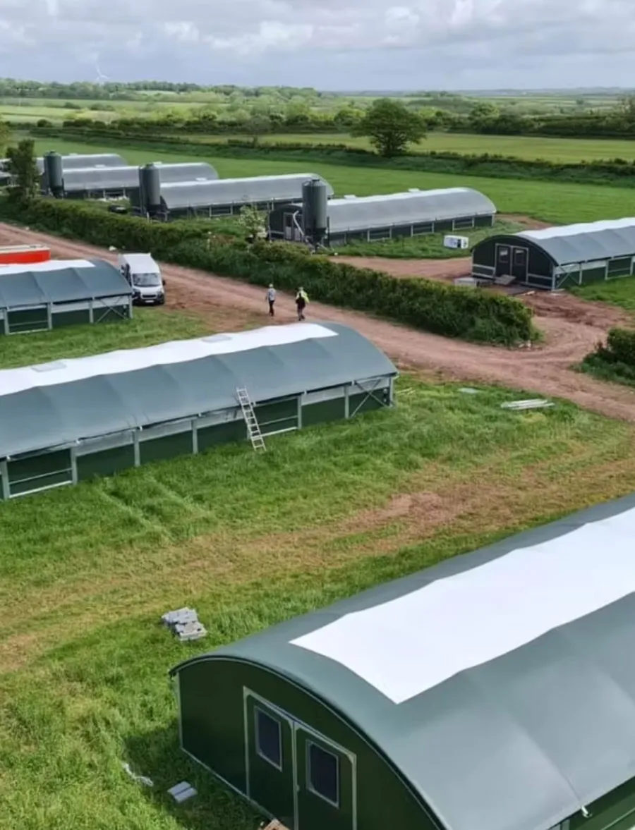 Large poultry houses with curved roofs in a green rural landscape under a cloudy sky.