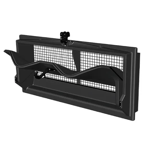 Black plastic wall-mounted rack with wavy holders and a grid back panel.