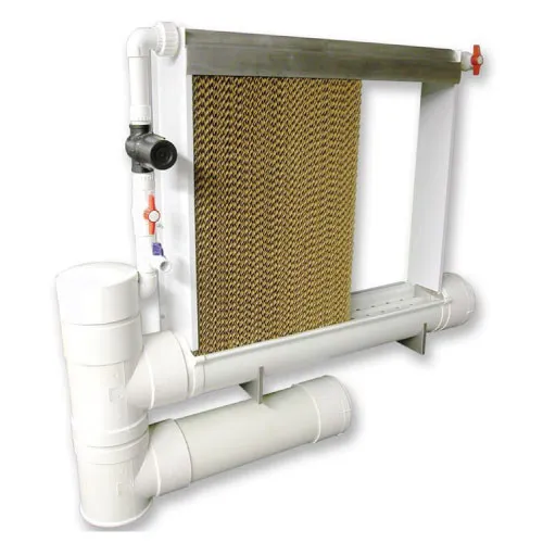 White PVC frame with honeycomb evaporative cooling pad and connected water pipes and valves.