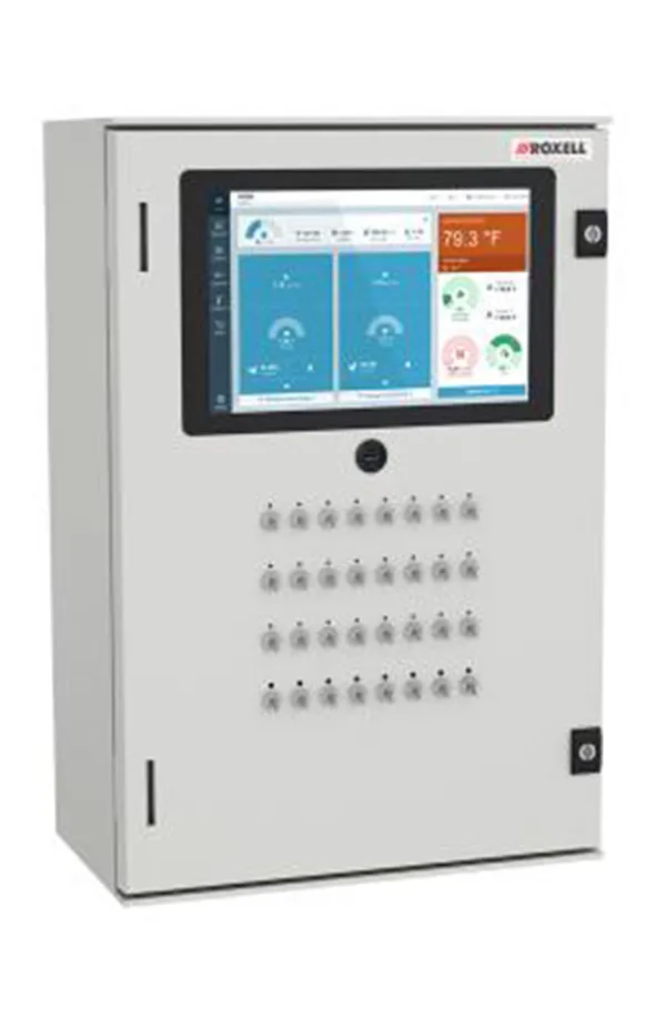 Roxell industrial control panel with touchscreen display and multiple switches on the front.