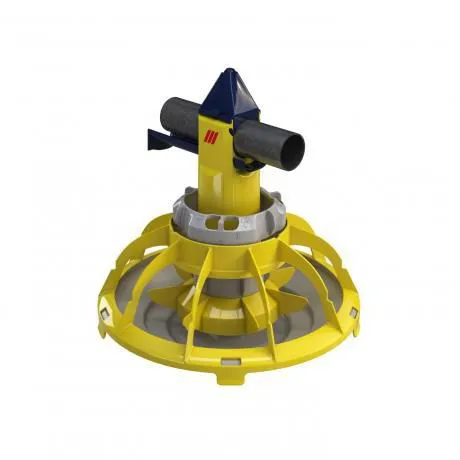 Yellow and black industrial feeding device with circular base and central pipe fitting.