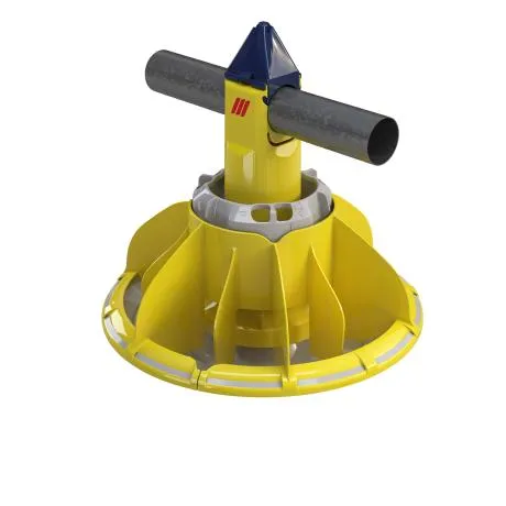 Yellow poultry feeder pan with a black horizontal pipe attached above the center.