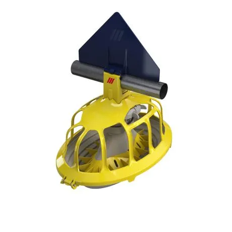 Yellow commercial layers feeder pan with a black triangular handle and pipe attachment.