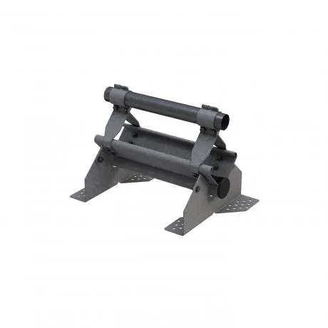Gray metal conveyor belt support roller frame with two rollers and mounting base plates.